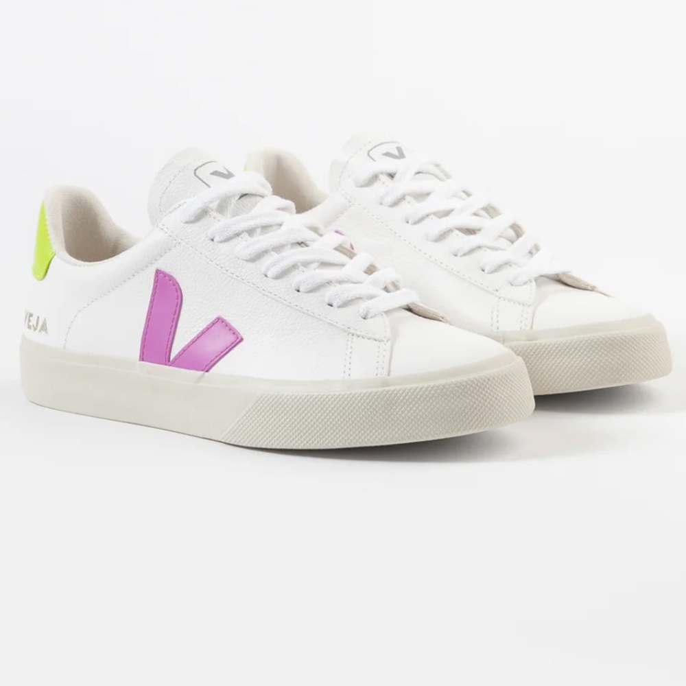 Veja Campo Sneaker- White with Pink/Yellow accent, Size 6